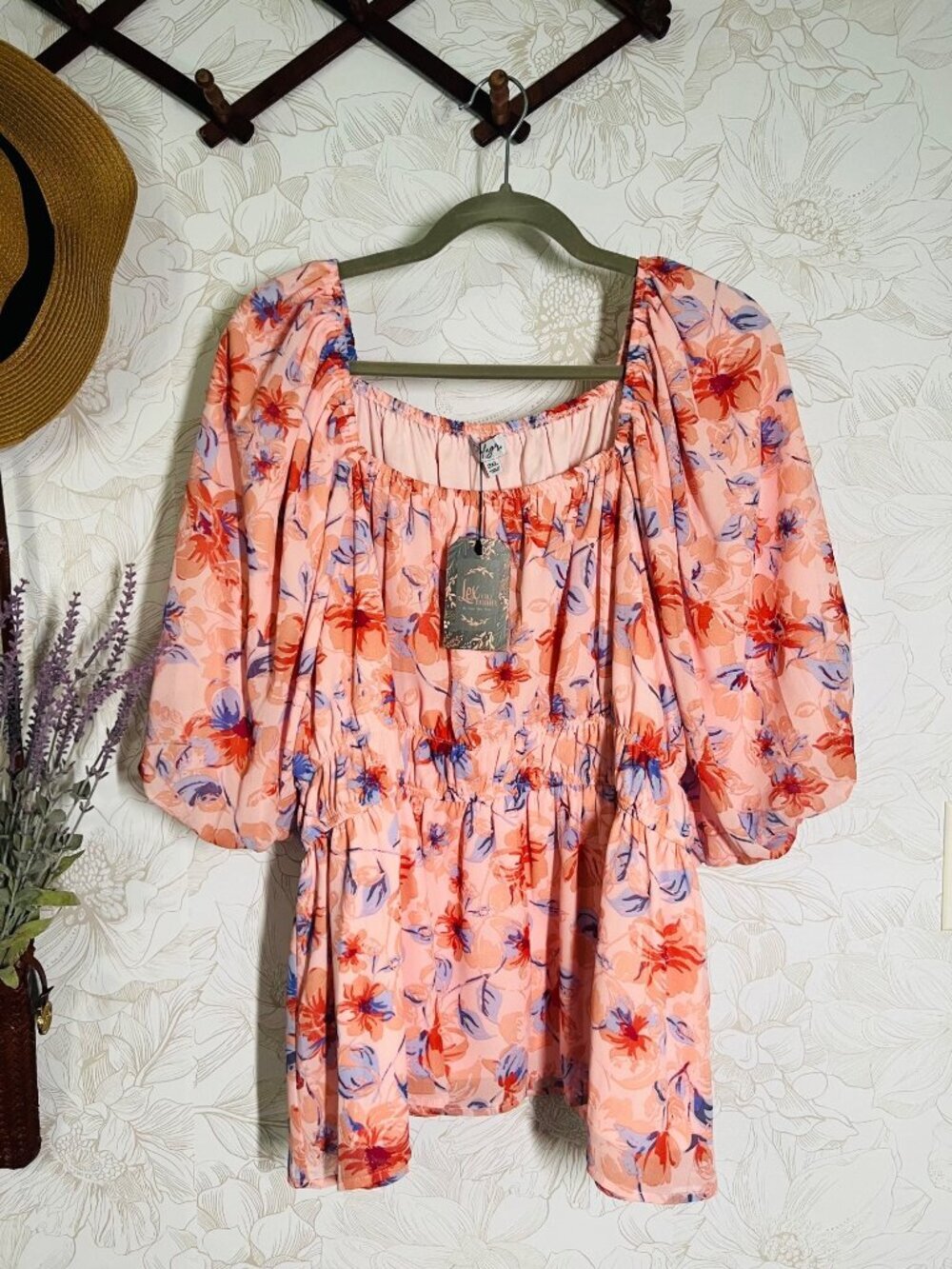 Floral Print Peasant Blouse With Puff Sleeves 3XL Lightweight & Flowy Design